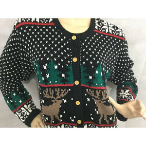 Orvis Sweater Sz M Black Deer Buck Snow Snowflake Winter Full Button Up